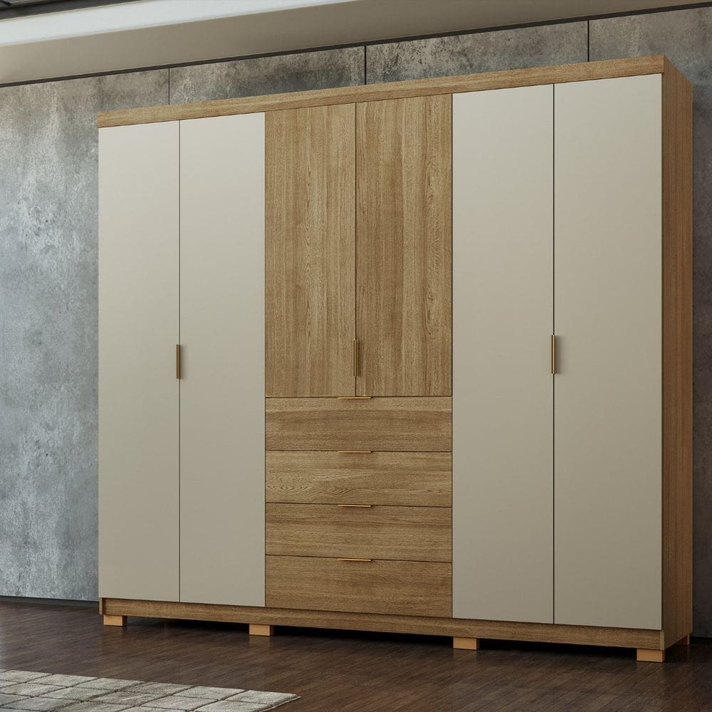 Guarda-roupa 6 Portas e 4 Gavetas Dubai Ouro Marrom/Cinza