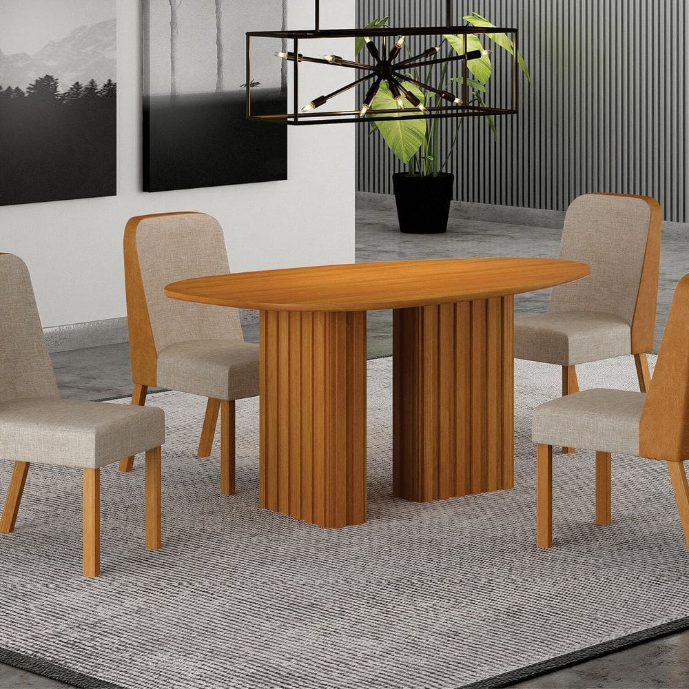 Conjunto Sala de Jantar Tampo Orgânico Mdf 135cm com 4 Cadeiras Isis Cinamomo/Terracota/Palha