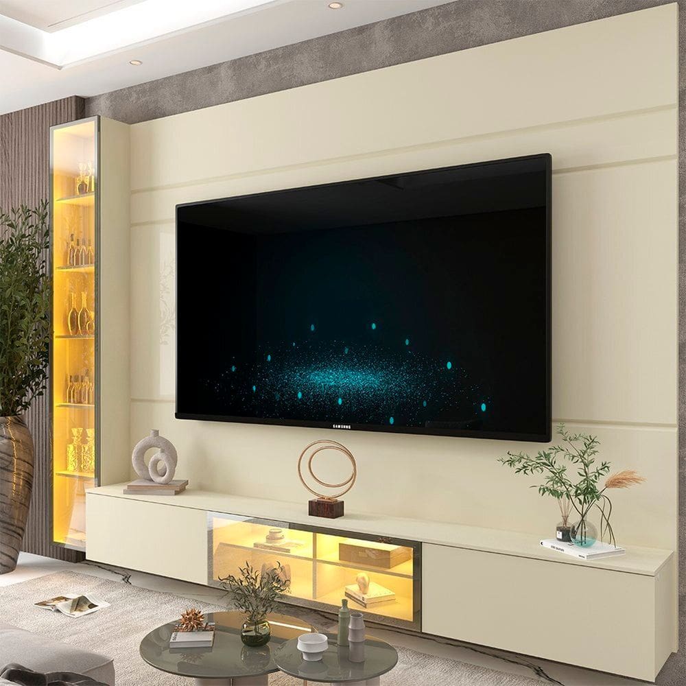 Estante para Tv 84 Polegadas 217,6cm X 255cm 100% Mdf com Led e Porta Reflecta Luminare Off White