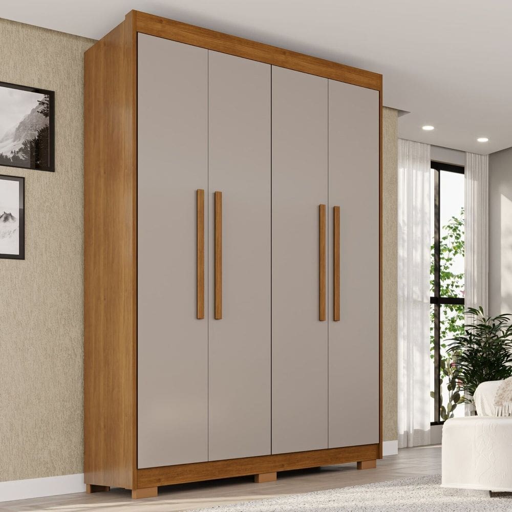 Guarda-roupa com Pés 4 Portas 3 Gavetas 100% Mdf Veneza Cinamomo/Off White