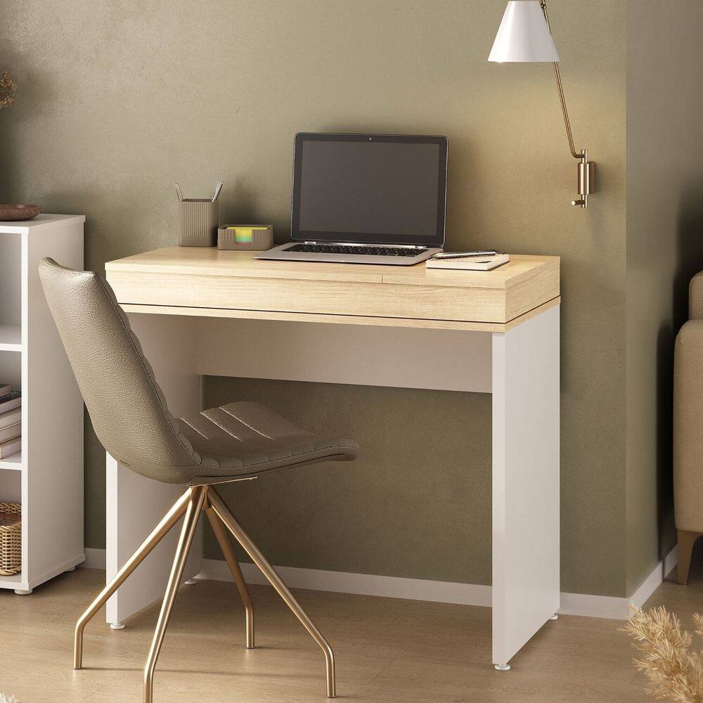 Escrivaninha Mesa Escritório Home Office 2 Aberturas 85cm Mind Carvalho / Branco