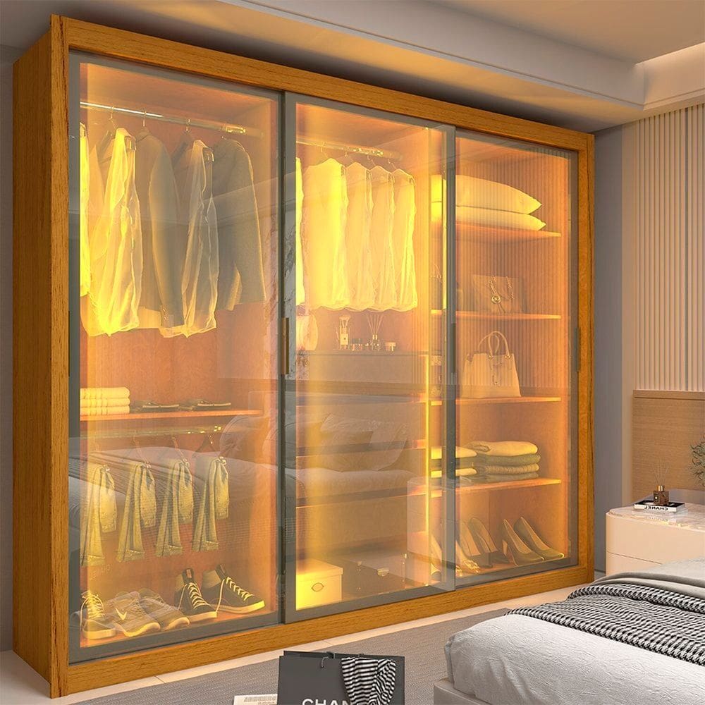 Guarda-roupa Casal 3 Portas Reflecta com Led 100% Mdf Royale Naturale