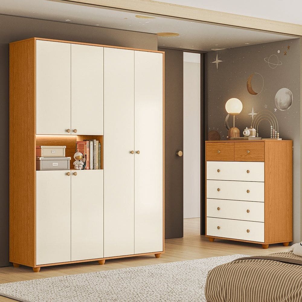 Conjunto Infantil Guarda-Roupa e Cômoda Vittoria Cinamomo / Off White