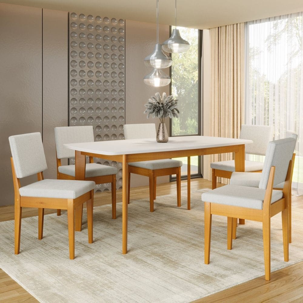 Conjunto Sala de Jantar Siera 6 Lugares Retangular Madeira Maciça Miami Cerejeira/Nevoa