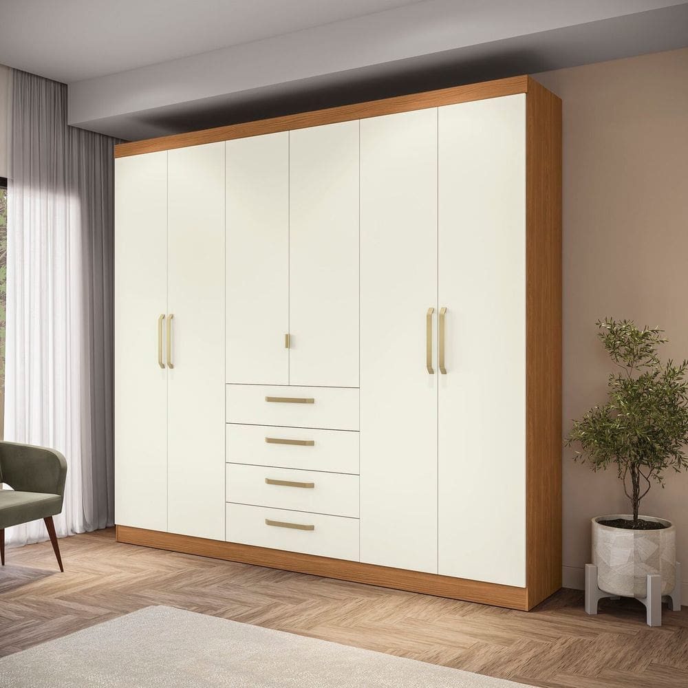 Guarda-roupas 6 Portas e 4 Gavetas de Madeira Canela/Off White