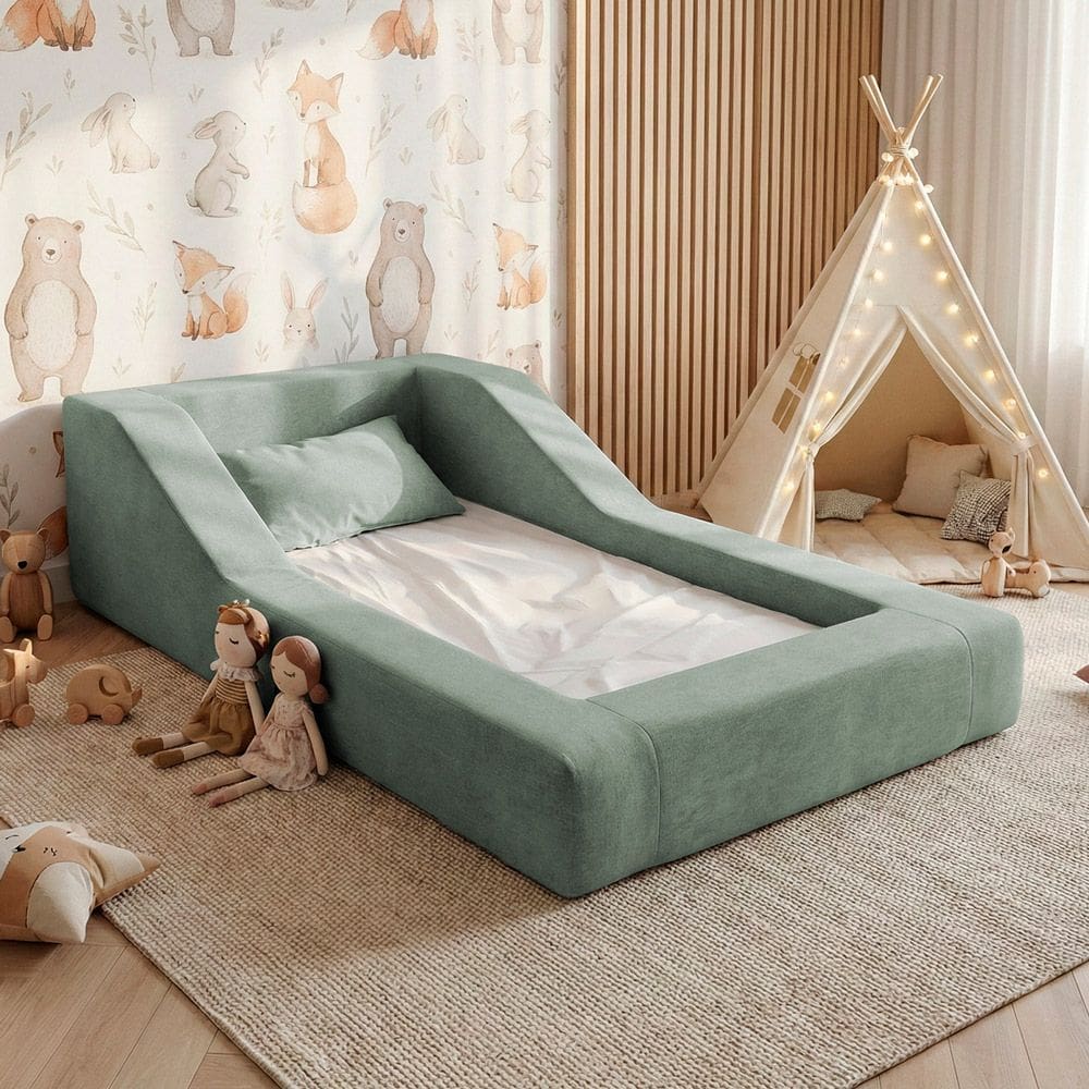 Cama Montessoriana Infantil Noah 100% Espuma com Colchão Bouclê Verde Menta - Desk Design