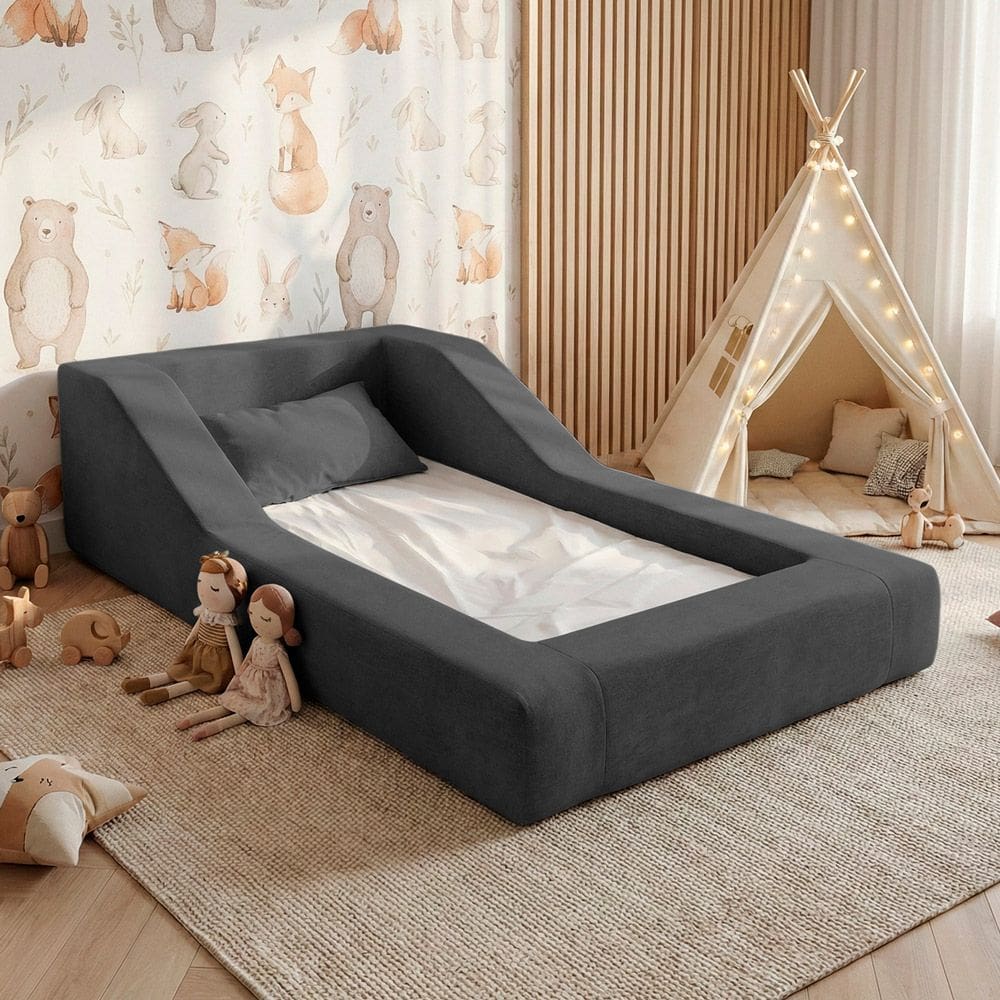 Cama Montessoriana Infantil Noah 100% Espuma com Colchão Bouclê Cinza Escuro - Desk Design