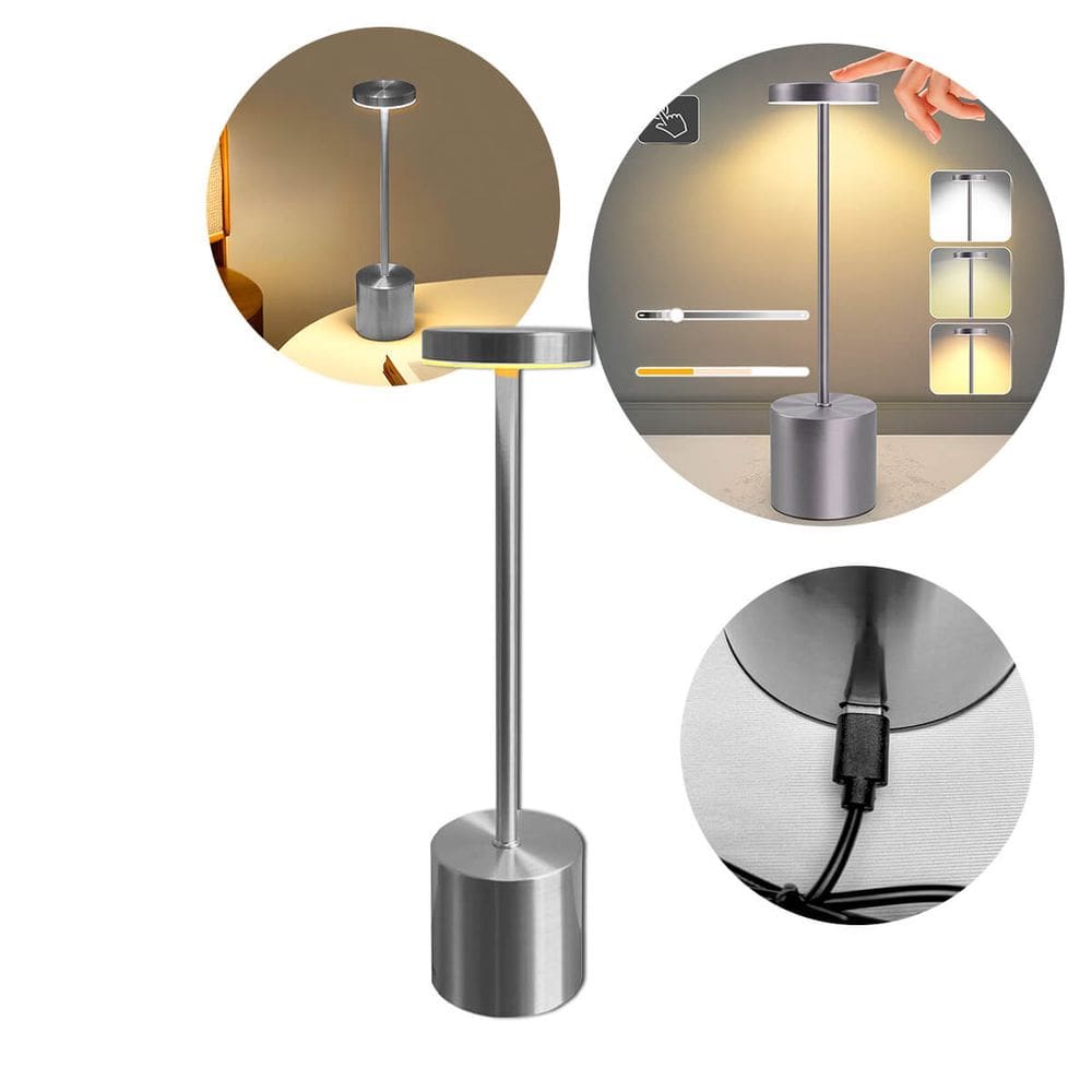 Luminária de Mesa LED Recarregável 3 Cores - Prata