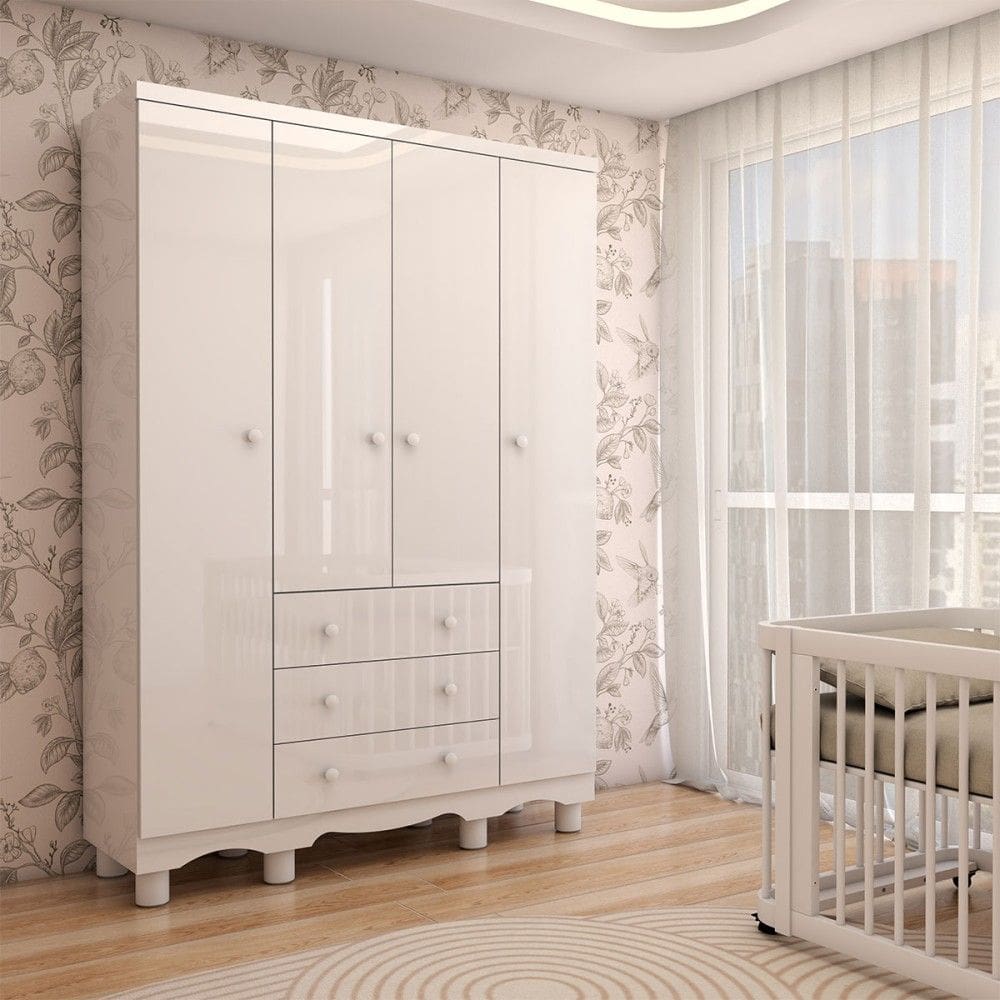 Guarda-Roupa de Bebê Sueño 4 Portas 3 Gavetas 100% Mdf Branco Brilho - Panorama Móveis