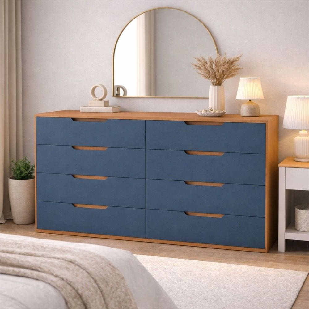 Cômoda Madri 8 Gavetas Azul/Freijó - Politorno
