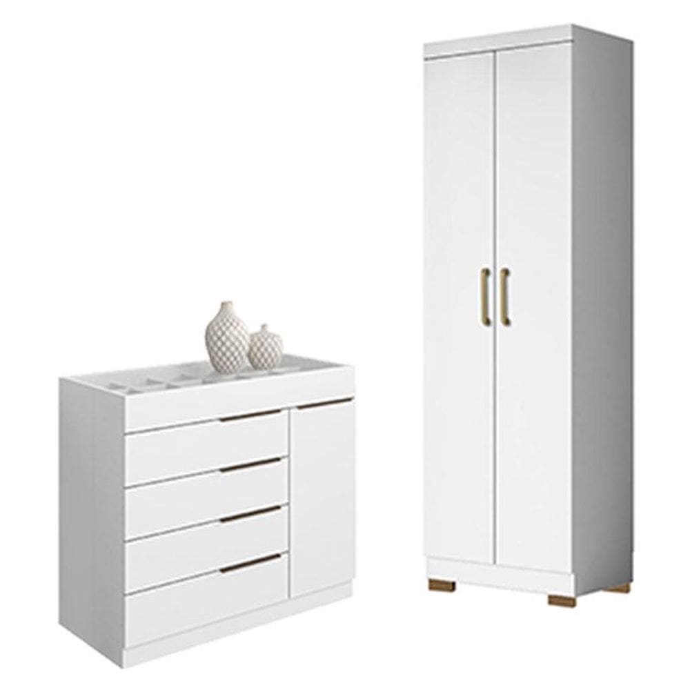 Cômoda Sapateira Sevilha 2004147 e Armário Multiuso 2000191 Branco Tx com Pés Bronze - Aramóveis