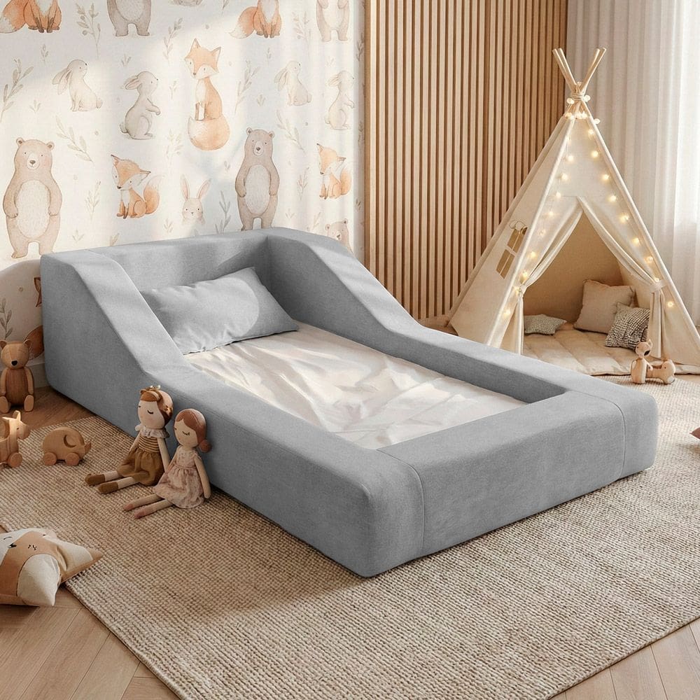 Cama Montessoriana Infantil Noah 100% Espuma com Colchão Bouclê Cinza Claro - Desk Design