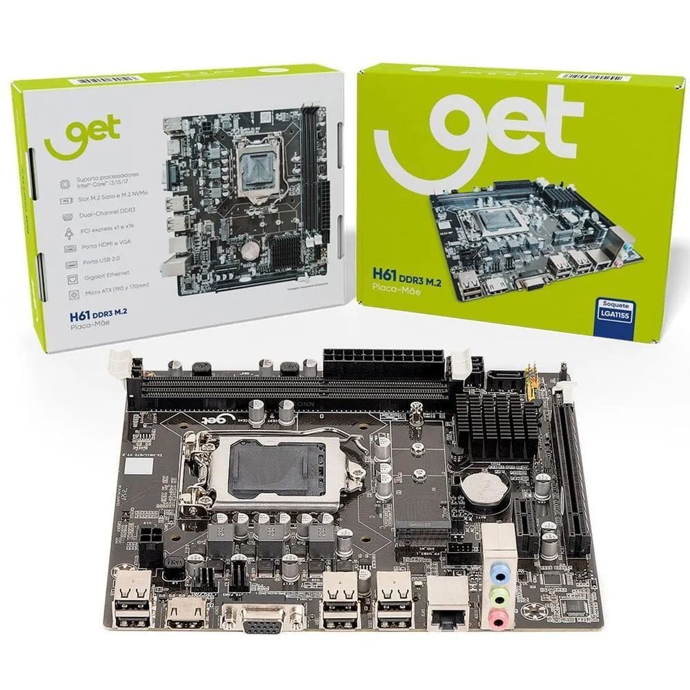 Placa-Mãe Get H61 DDR3 M2 LGA 1155, Suporte Intel 2°/3° Geração, SATA M.2 HDMI VGA USB 3.0 Micro ATX, Rede Gigabit