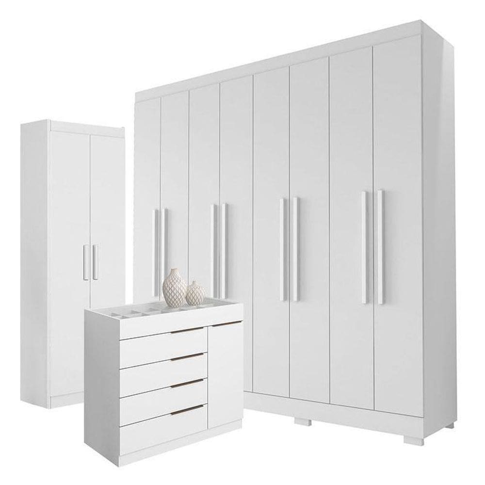 Guarda Roupa Casal Porto 8 Portas 4 Gavetas com Cômoda Sapateira Sevilha e Armário Multiuso 2 Portas 2000191 Branco Tx - Aramóveis