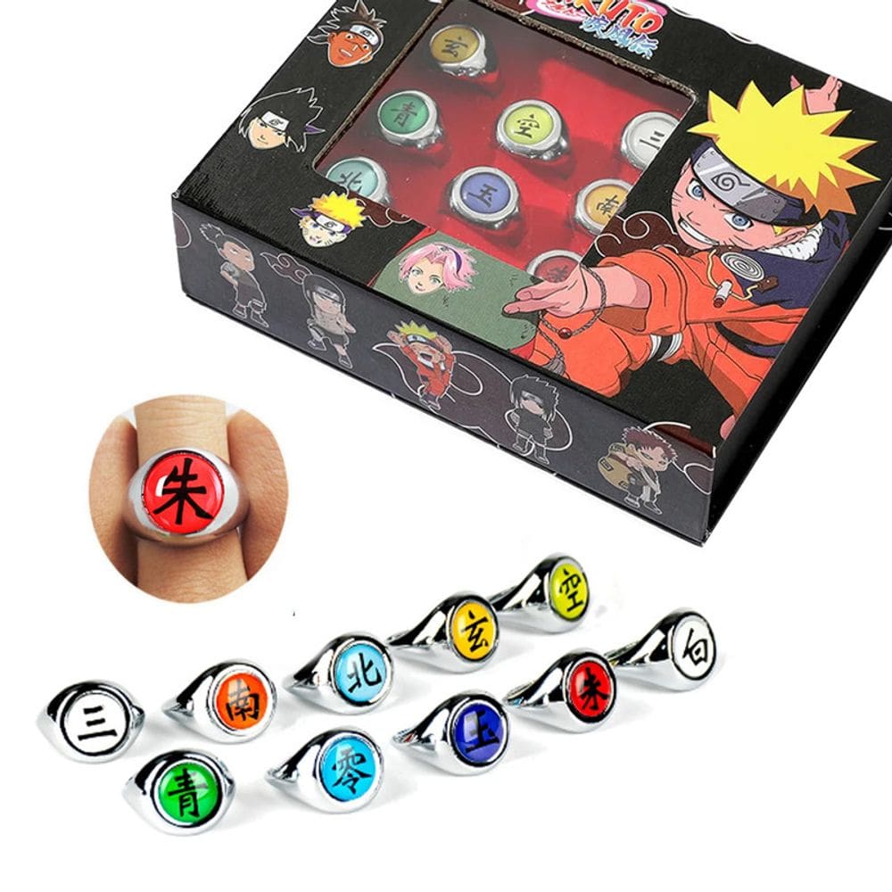 Caixa Anel Naruto Akatsuki Itachi Sasuke Gaara Ajustavel 10Un