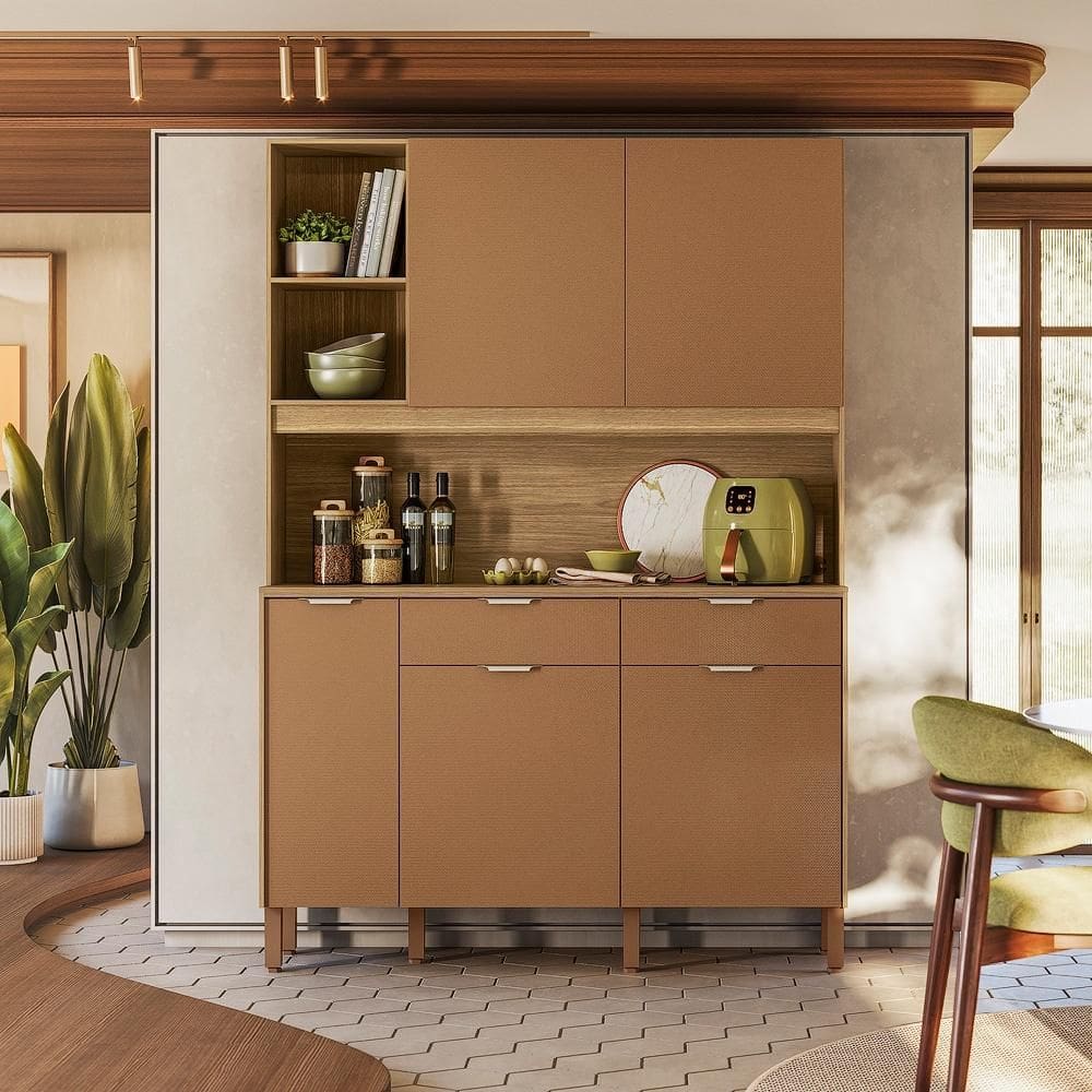 Armário de Cozinha Compacto Flora 5 Portas 2 Gavetas com Nicho p/Micro-ondas Passa-fio 1,44m