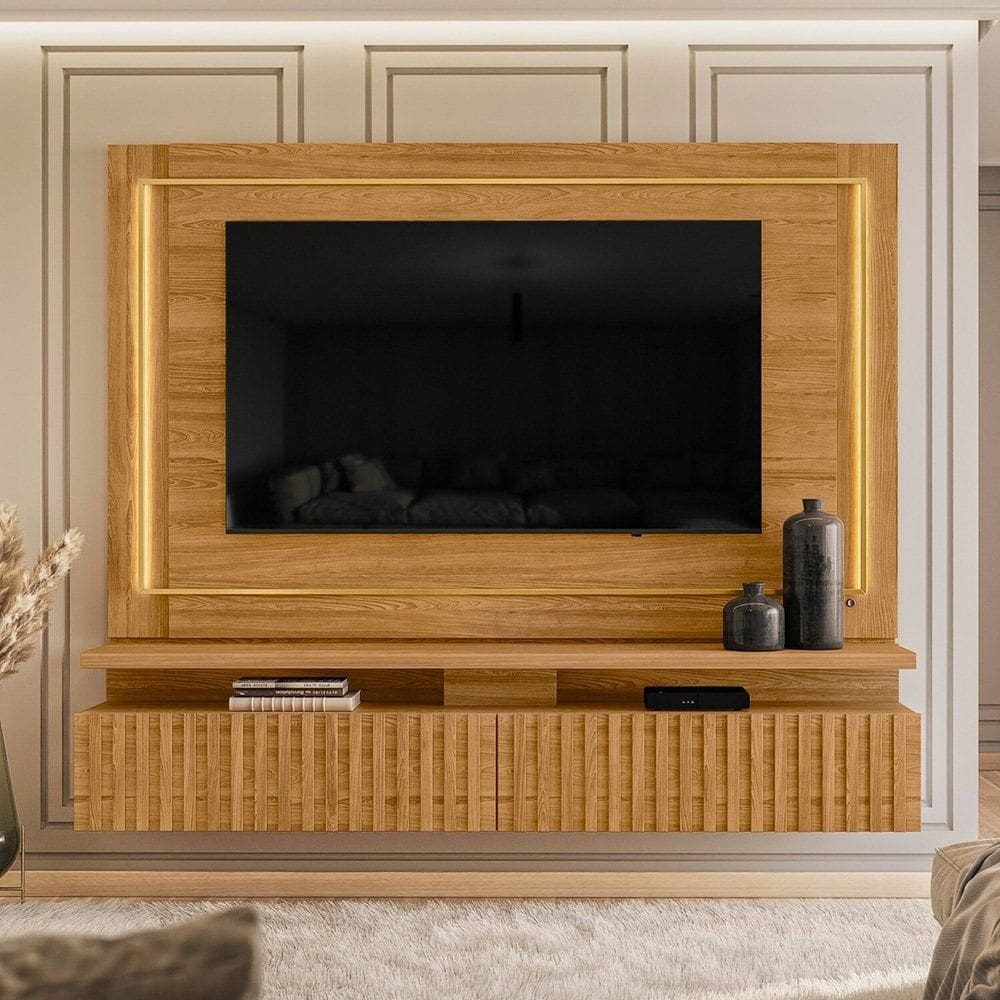 Painel para Tv 75 Polegadas com Led 181,5cmx216cm Ripado 2 Gavetas Gaia Cumaru