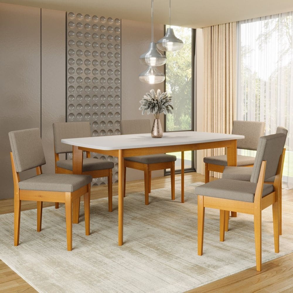 Conjunto Sala de Jantar Siera 6 Lugares Retangular Madeira Maciça Miami Cerejeira/Camurça