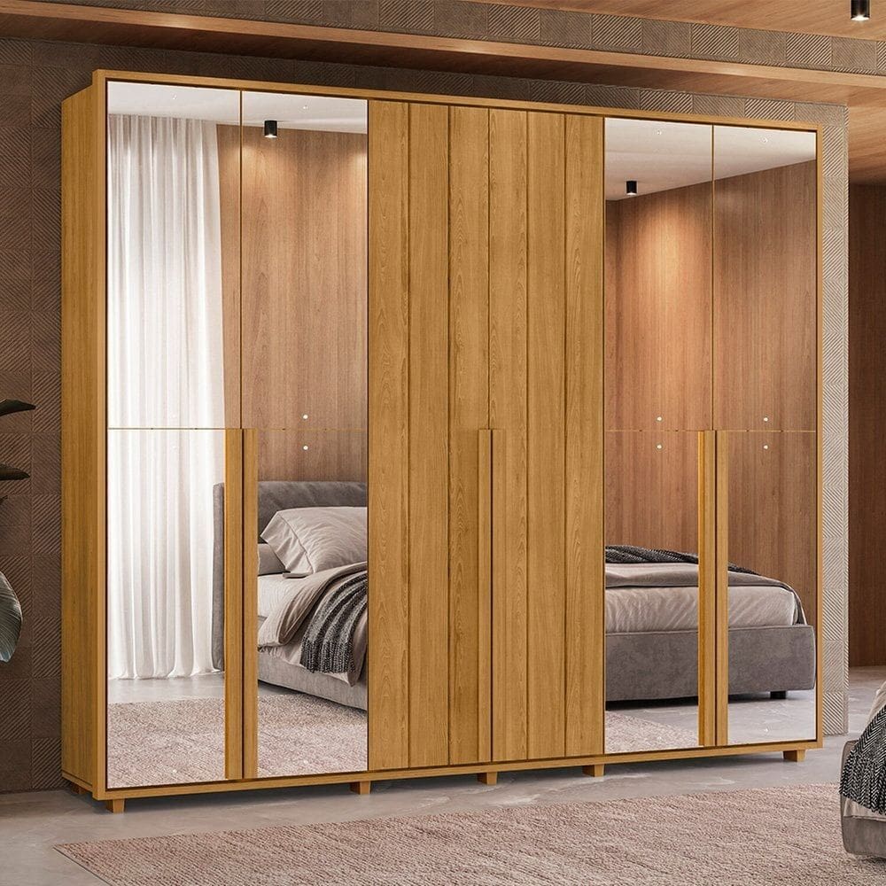 Guarda-roupa Casal 6 Portas 100% Mdf com Espelhos e Pés Volpi Cumaru