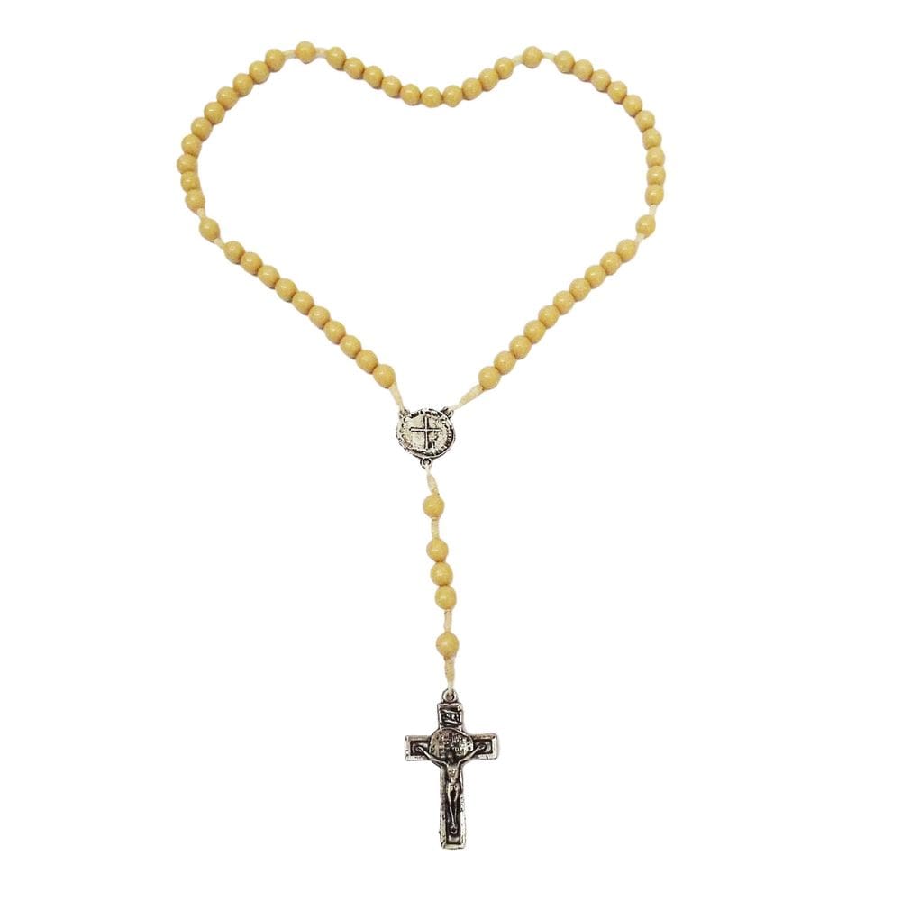 Terço Medalha Das Duas Cruzes Contas Bege Cor Prata