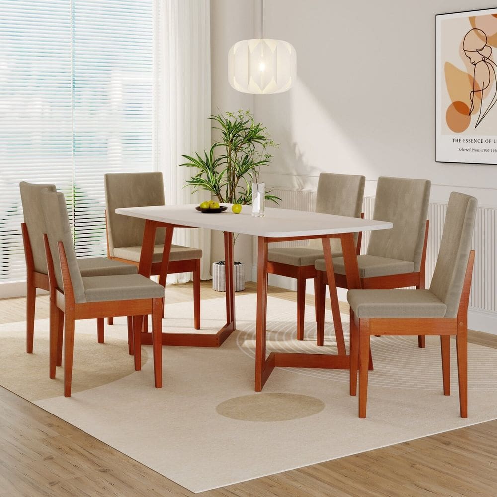Conjunto Sala de Jantar Califórnia 6 Lugares Retangular Madeira Maciça Dakota Caramelo/Castor/Off White