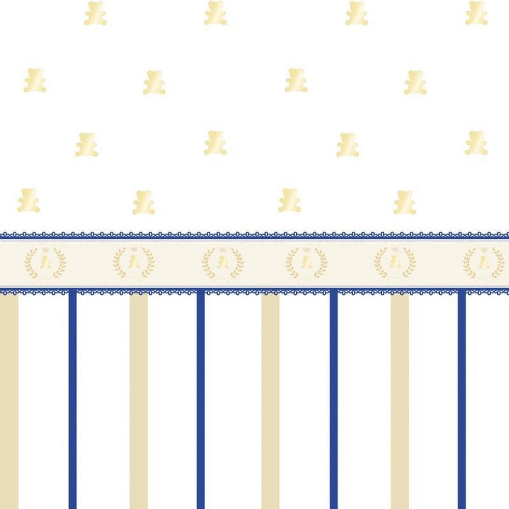 Papel Parede Adesivo Urso E Faixa Dourada Com Azul Infantil