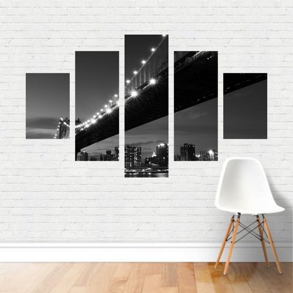 Quadro Preto e Branco Ponte Iluminada Noite Prédios Canvas