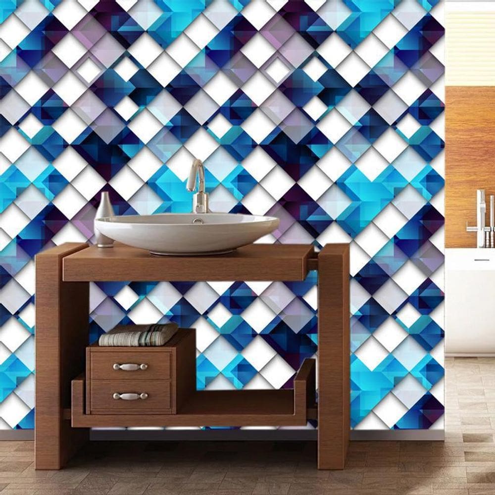 Papel Parede Quadrados Azul Preto Branco Geométrico Adesivo