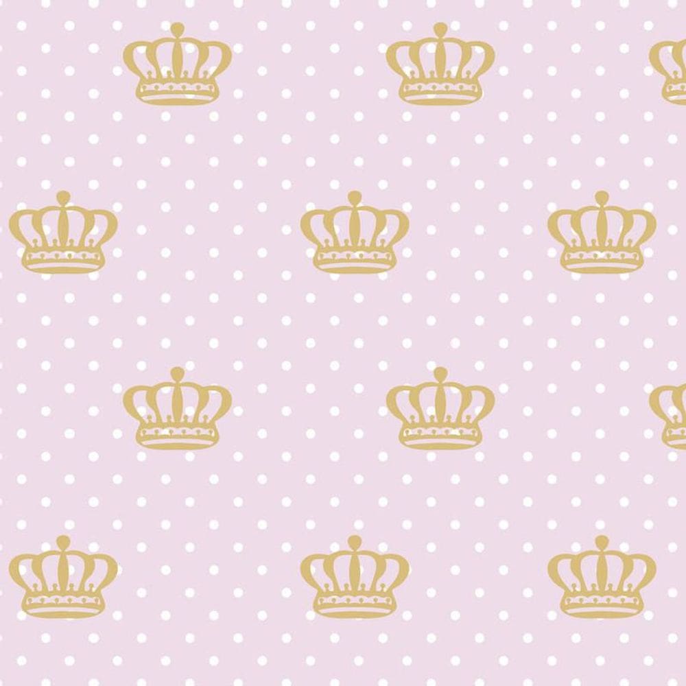 Papel De Parede Poa Rosa Com Coroa E Bolinhas Branca Adesivo