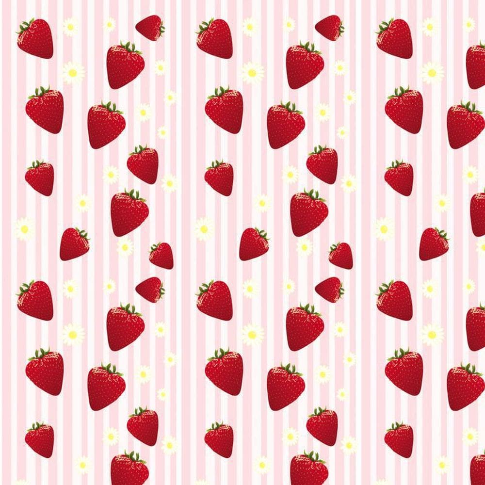 Papel De Parede Morango E Flores Com Listras Adesivo Lavável