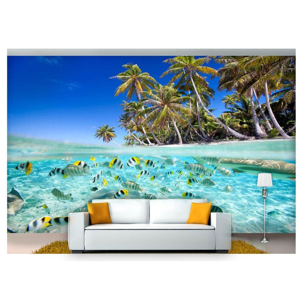 Papel De Parede Praia Mar Coqueiros Peixes 3D  Npr242
