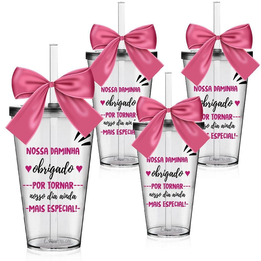 Kit 4 Copos Convite Daminha 550ml | Transparente | Canudo