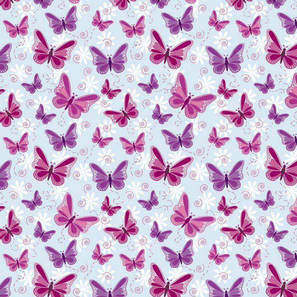 Papel De Parede Azul Claro Com Borboletas Vermelhas E Lilas
