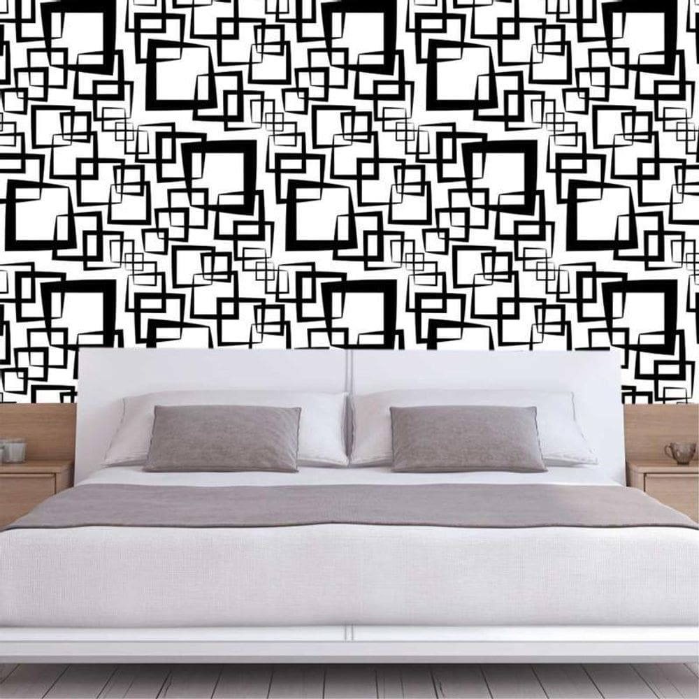 Papel De Parede Branco E Quadrados Preto Geométrico Adesivo