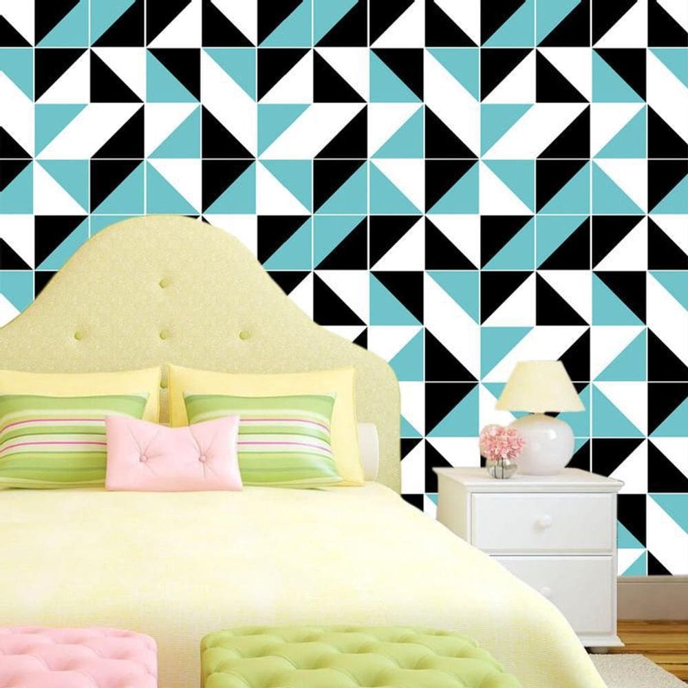 Papel Parede Triângulos Geométrico Azul Preto Branco Adesivo