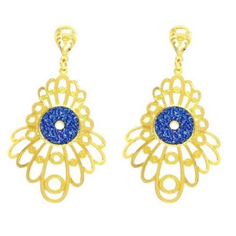 Brinco Glamour Flores Folheado Ouro 18k com Detalhes Safira