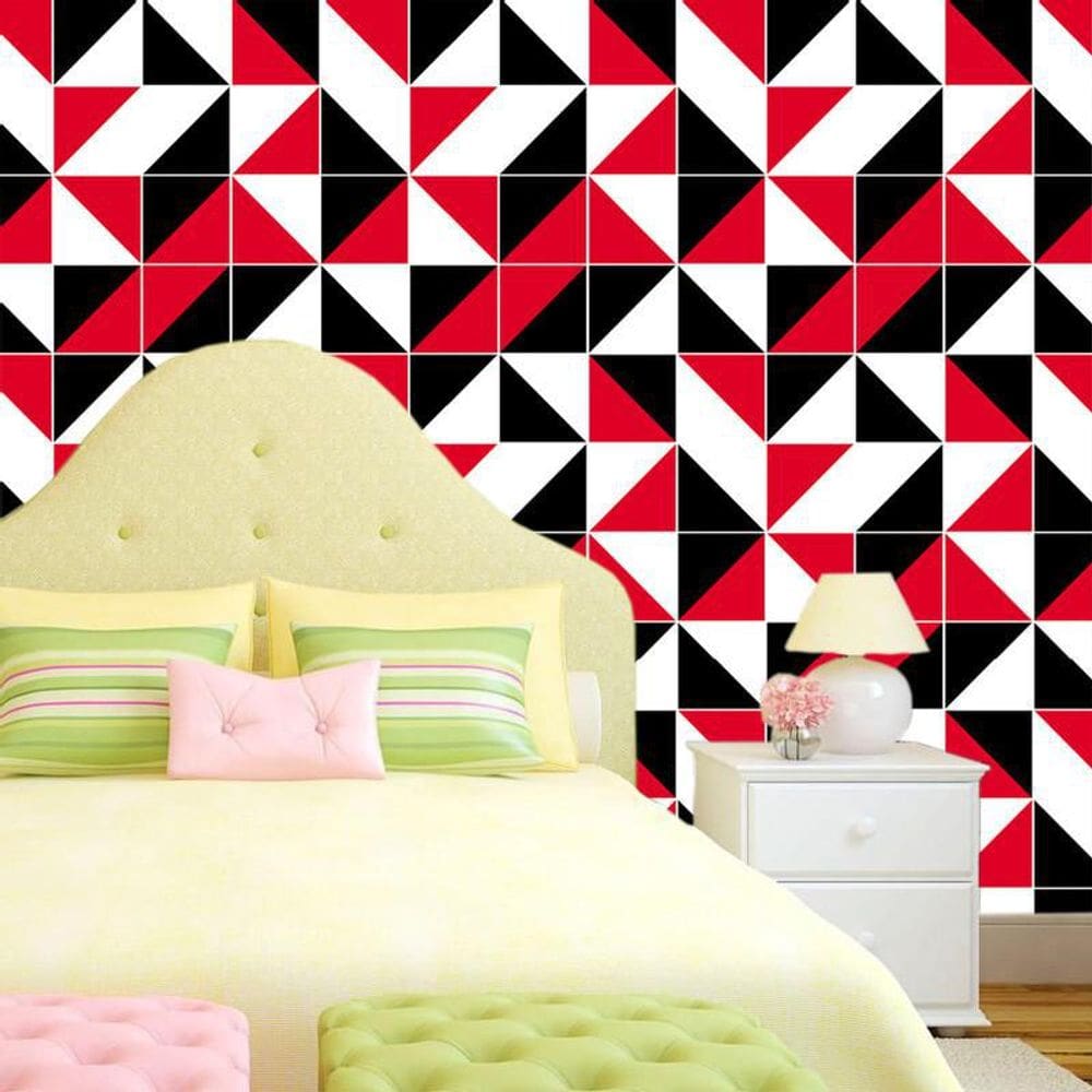 Papel De Parede Triângulos Geométrico Vermelho Branco Preto