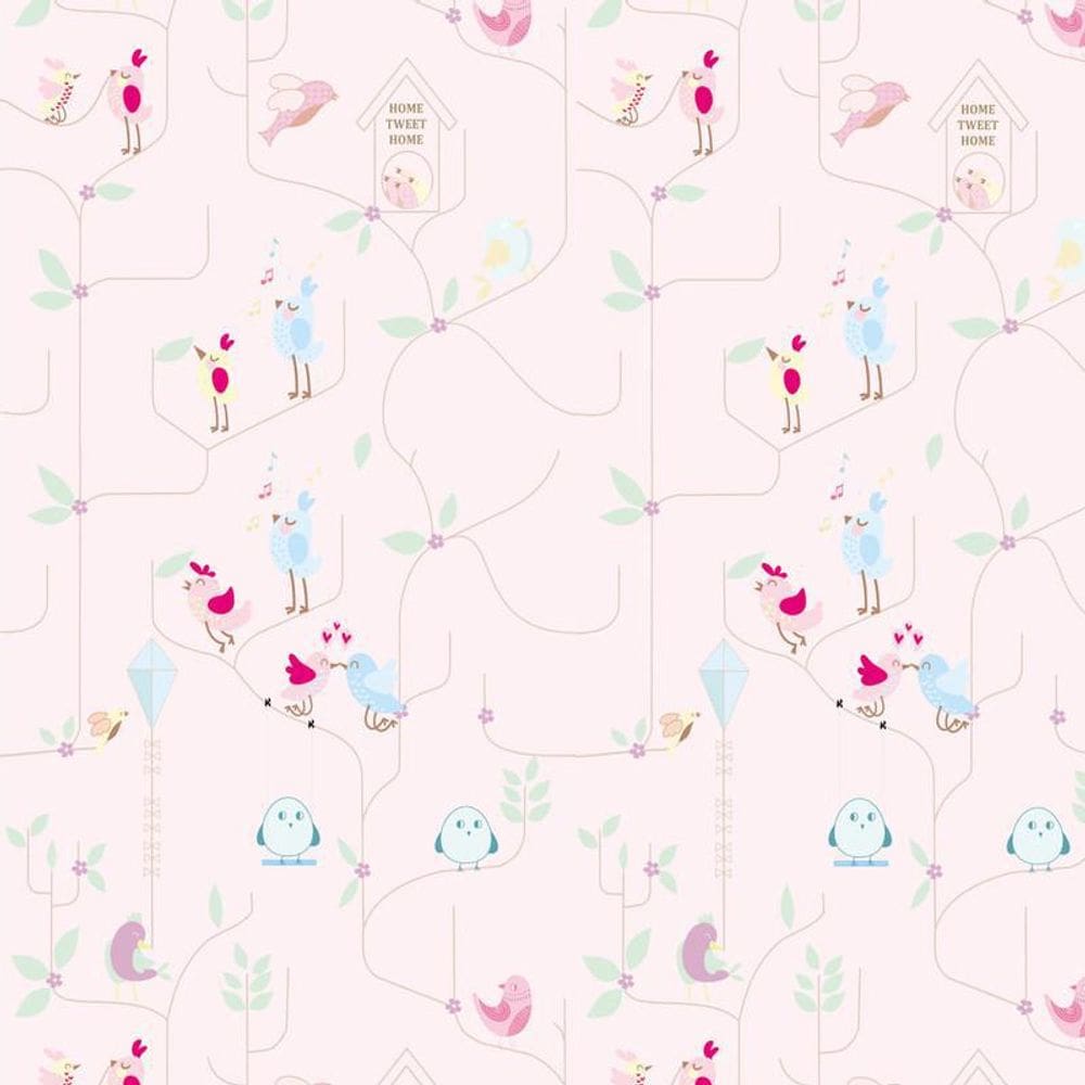 Papel Parede Pássaros Cantando Fundo Rosa Adesivo Infantil