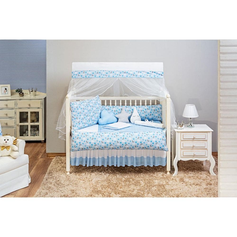 Kit Enxoval De Berço Nacional E Americano Azul 13 Peças