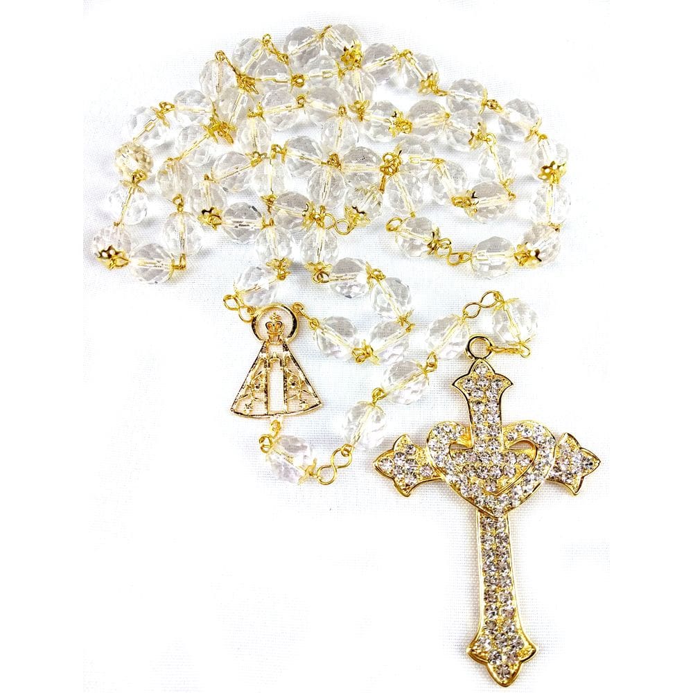 Terço Noiva Dourado Cristal Transparente Tcheco Cruz Coração