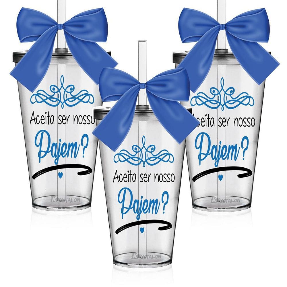 Kit 3 Copos Convite Personalizado Pajem Acrílico Azul