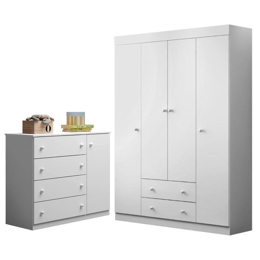 Jogo De Quarto Infantil Guarda Roupa E Cômoda Ellie P04 Branco - Mpozenato
