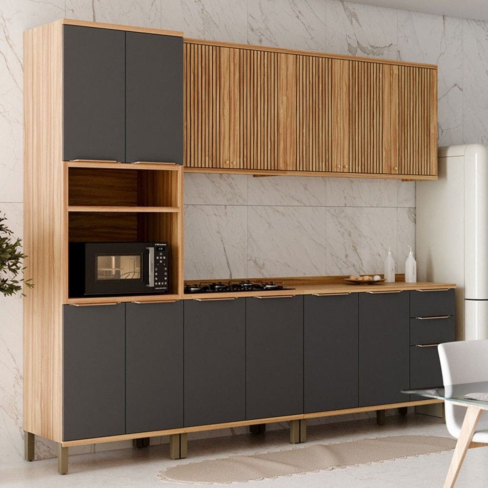 Armário de Cozinha com Balcão e Tampo 13 Portas 3 Gavetas Nice Fresado 100% Mdf Amêndoa/Cinza - Pnr Móveis