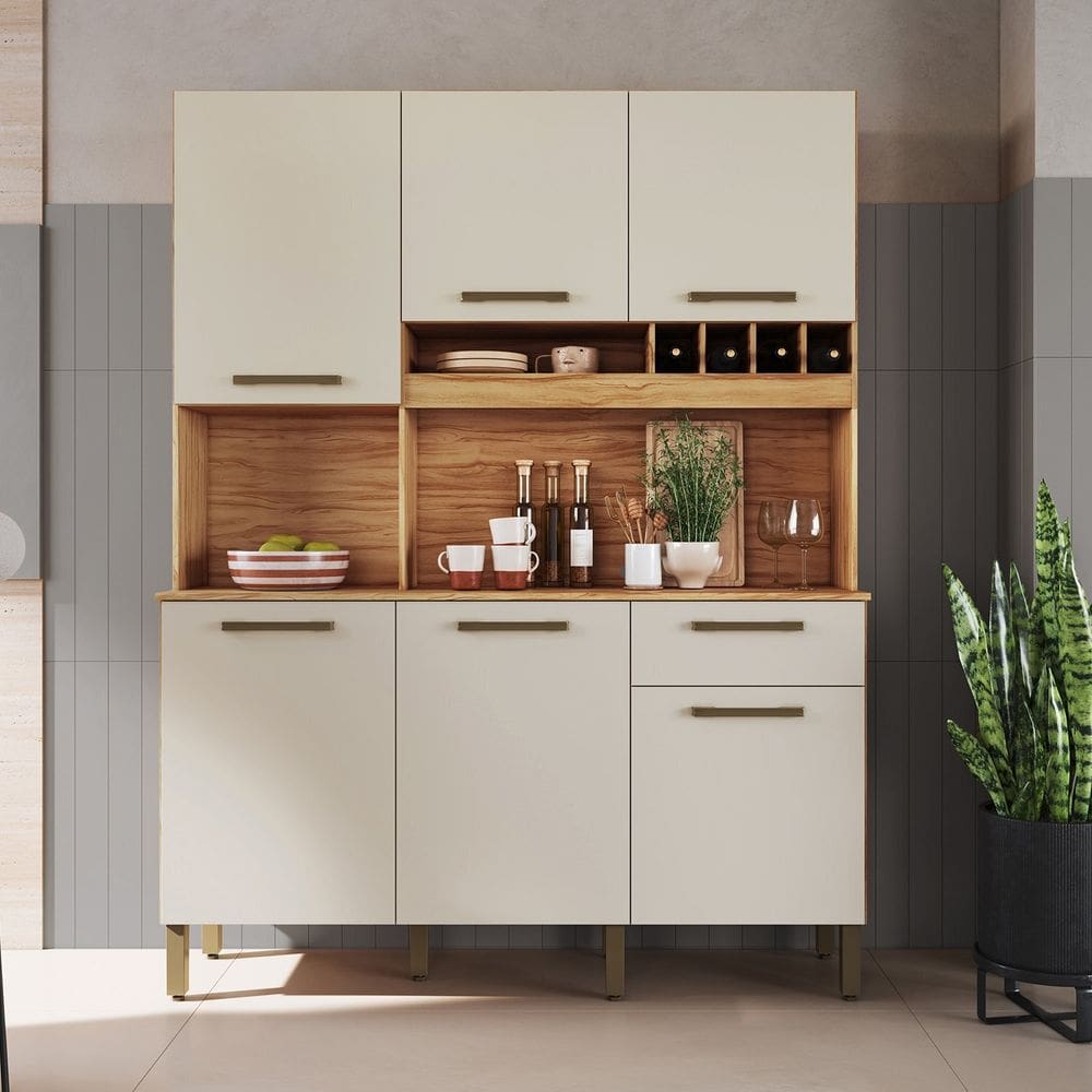 Cozinha Compacta com 6 Portas 1 Gaveta e Mini Adega 151cm 100% Mdf Geórgia Espresso Móveis Amêndoa/Off White