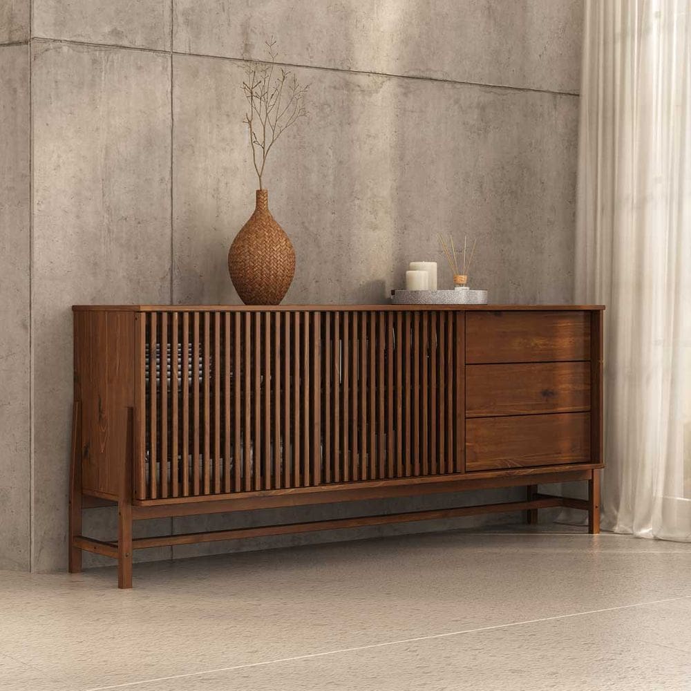 Buffet Madeira 170 cm 1 Porta Ripado Sala Minimalista Cor Castanho Adamo