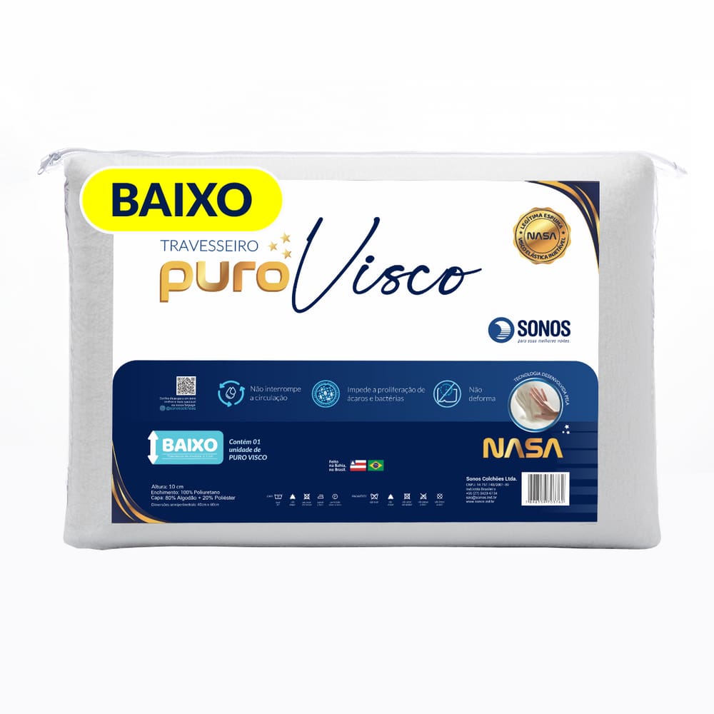 Travesseiro Sonos Puro Visco Nasa Baixo 10cm De Altura