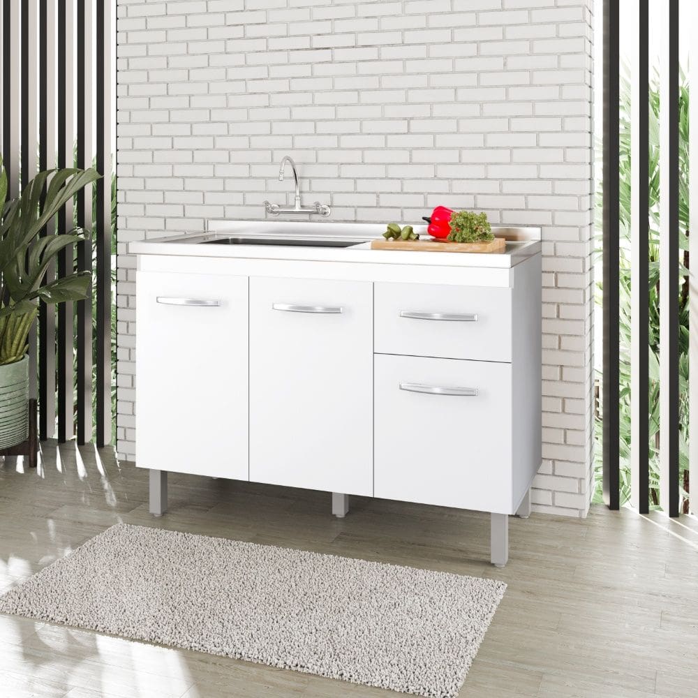 Balcão 120cm Anita 03 Portas e 01 Gaveta com Pia e Cuba GhelPlus Branco Moblis