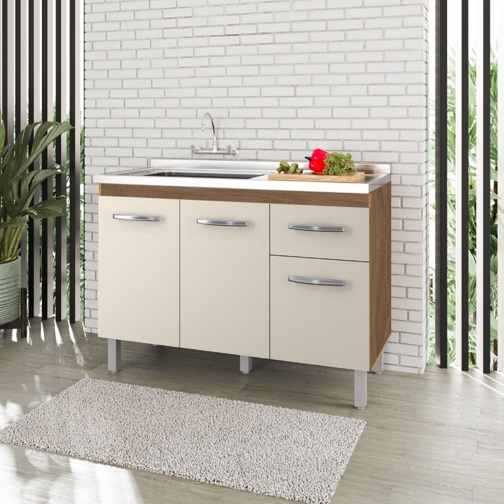 Balcão 120cm Anita 03 Portas e 01 Gaveta com Pia e Cuba GhelPlus Savana Off White Moblis