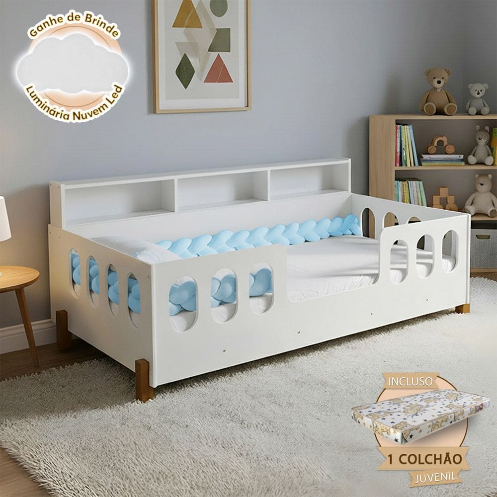 Cama Infantil em Mdf Nina com Colchão Incluso + Enxoval Completo Trança Azul Acompanha Nuvem Led