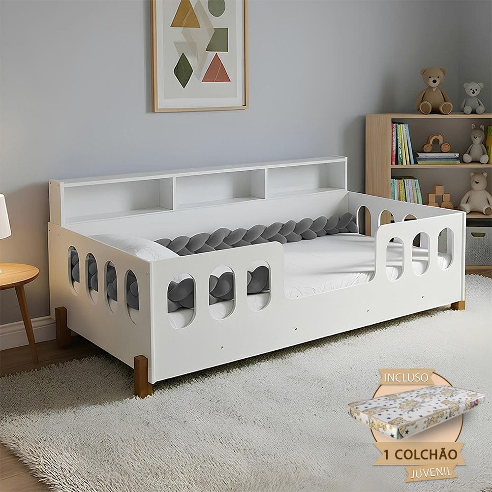 Cama Montessoriana Completa Nina com Colchão + Enxoval e Trança Cinza 2,5m